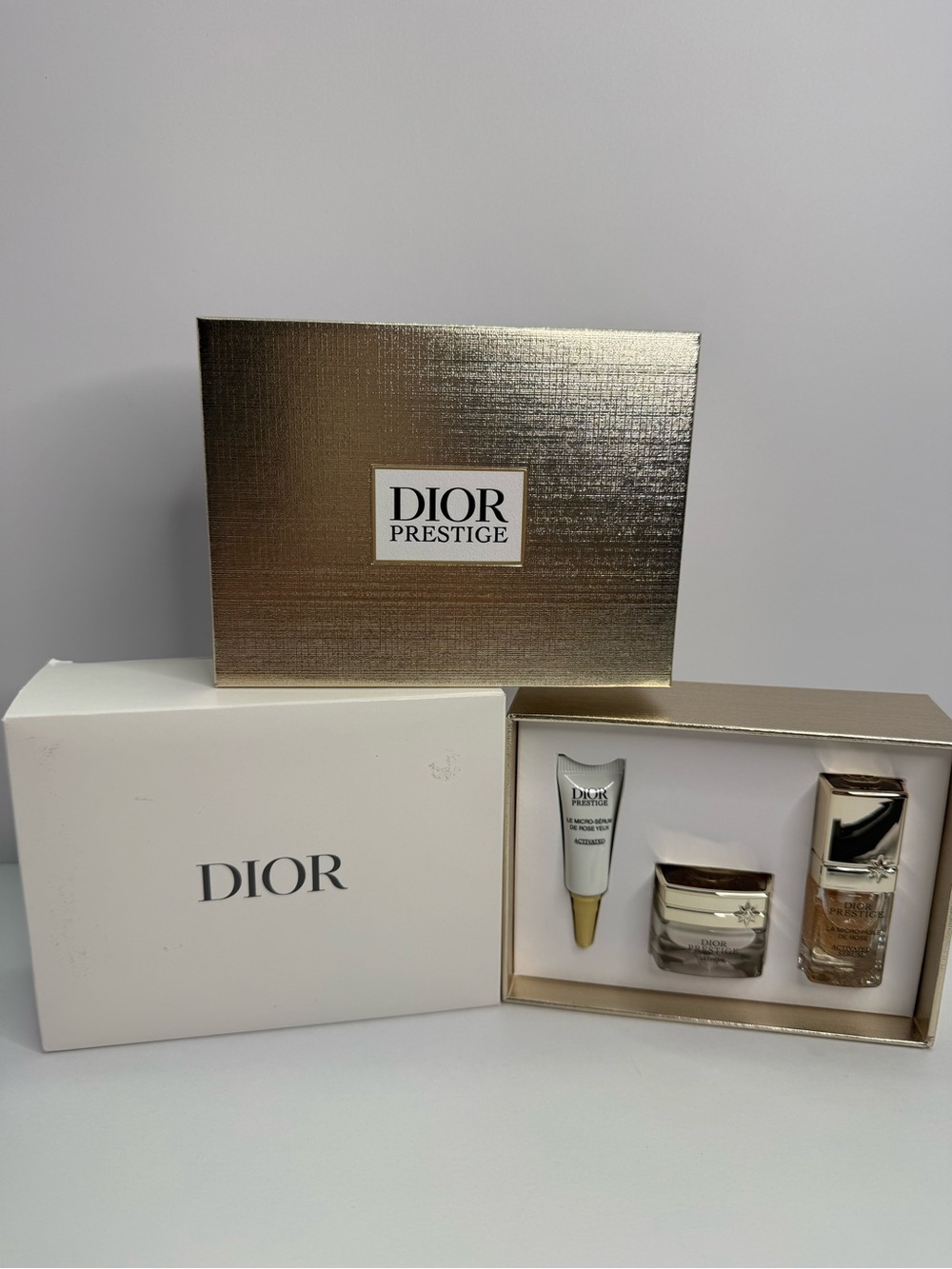 Dior Prestige Skincare Trio in Gold and White Packaging